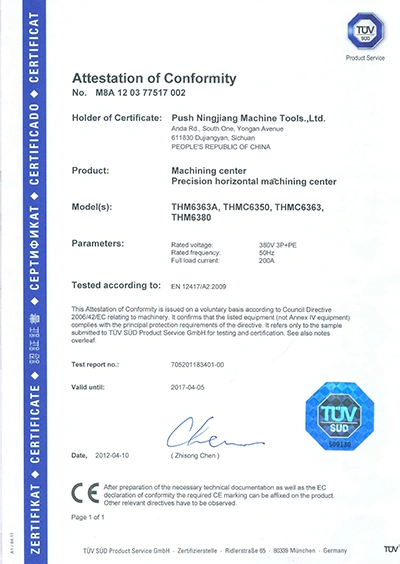 Certificado CE para Centro de Mecanizado Horizontal de Precisión